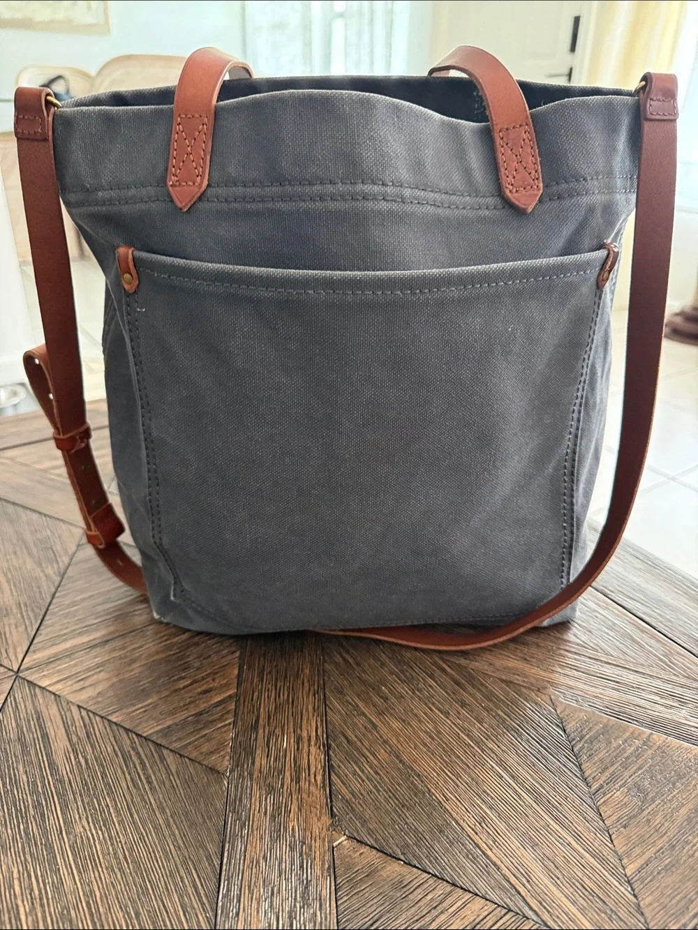 Madewell Transport Tote Dark Wash Canvas & Brown Leather Crossbody Bag